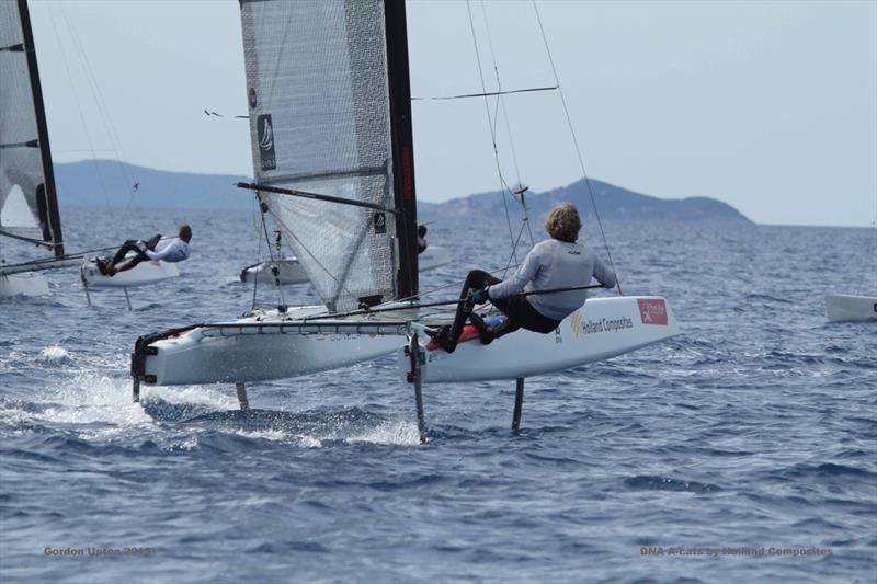 'Mr DNA', the boat's designer, PJ Dwarshuison on day 2 of the A Class Cat Worlds at Punta Ala photo copyright Gordon Upton taken at Centro Velico Punta Ala and featuring the A Class Catamaran class