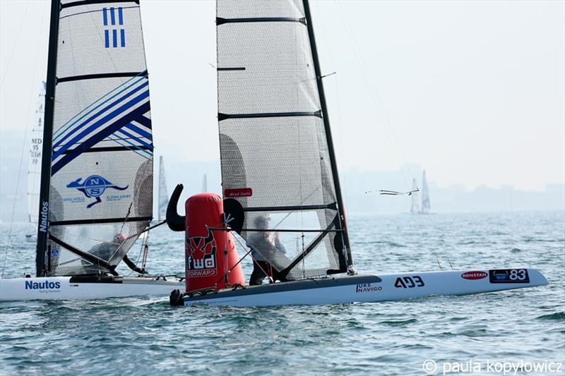 Two Polish aces, Michal Korneszczuk and Jacek Noetzel tangle at the top mark on day 1 of the A Class Cat Worlds at the WPNSA - photo © Paula Kopylowicz