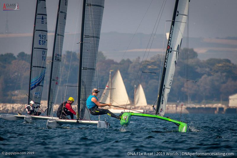 Mischa Heemskerk has discovered his form on day 2 of the A Class Cat Worlds at the WPNSA photo copyright Gordon Upton / www.guppypix.com taken at Weymouth & Portland Sailing Academy and featuring the A Class Catamaran class