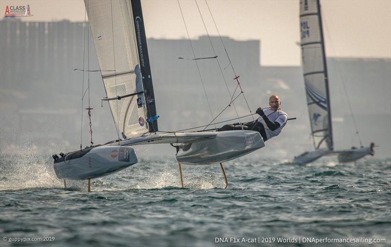 Roeland Wentholt (NED) pushing hard on day 2 of the A Class Cat Worlds at the WPNSA photo copyright Gordon Upton / www.guppypix.com taken at Weymouth & Portland Sailing Academy and featuring the A Class Catamaran class