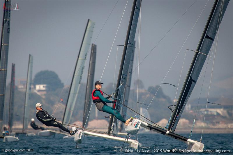 Andy Landenberger at the top mark on day 2 of the A Class Cat Worlds at the WPNSA photo copyright Gordon Upton / www.guppypix.com taken at Weymouth & Portland Sailing Academy and featuring the A Class Catamaran class