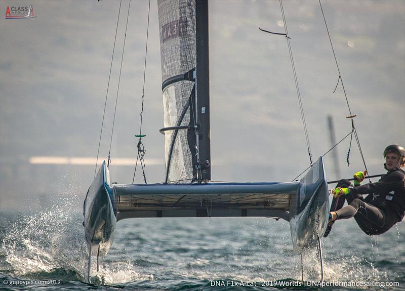 The newly crowned GBR National Open Champion, Oscar Lindley-Smith on day 2 of the A Class Cat Worlds at the WPNSA - photo © Gordon Upton / www.guppypix.com