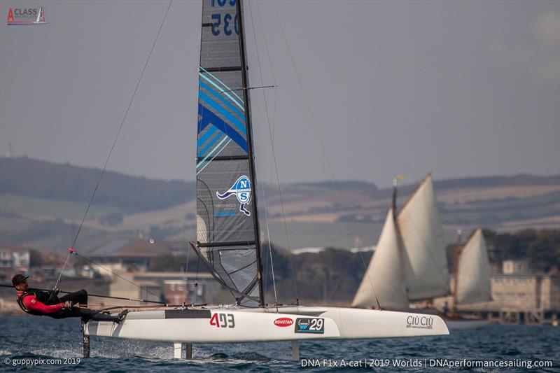 SailGP China Team Wing Trimmer, James Wierzbowski, just before his big finish on day 3 of the A Class Cat Worlds at the WPNSA photo copyright Gordon Upton / www.guppypix.com taken at Weymouth & Portland Sailing Academy and featuring the A Class Catamaran class