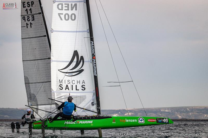 Mischa (Green) battling Manuel on the downwind leg on day 3 of the A Class Cat Worlds at the WPNSA photo copyright Gordon Upton / www.guppypix.com taken at Weymouth & Portland Sailing Academy and featuring the A Class Catamaran class