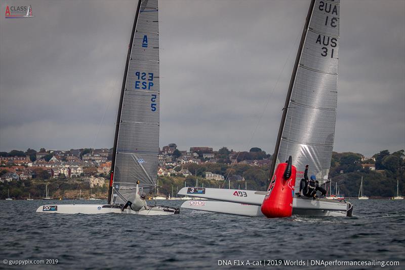 Olympic and former class World Champion Scott Anderson AUS 31, and Enrique Cornejo reach the top mark on lap 1 race 1 of the Classics on day 4 of the A Class Cat Worlds at the WPNSA - photo © Gordon Upton / www.guppypix.com