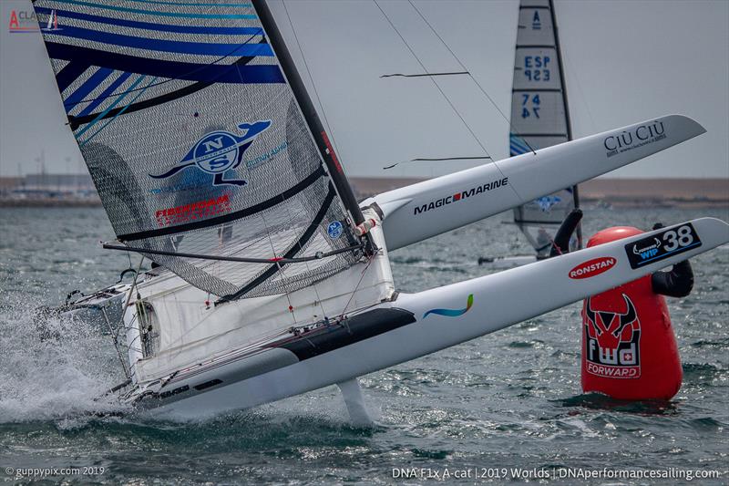 Emmanuel Dode FRA gets rather too much airplay at the bottom mark on day 4 of the A Class Cat Worlds at the WPNSA - photo © Gordon Upton / www.guppypix.com