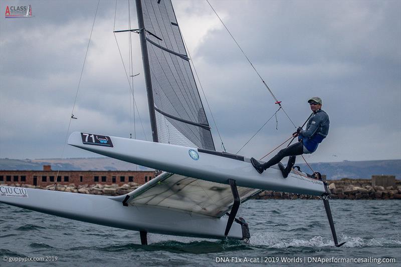 GRB Olympian Adam May hot dogging after the finish on day 4 of the A Class Cat Worlds at the WPNSA - photo © Gordon Upton / www.guppypix.com