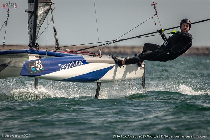 Nils Palmieri looking for the finish during the A Class Cat Worlds at the WPNSA - photo © Gordon Upton / www.guppypix.com