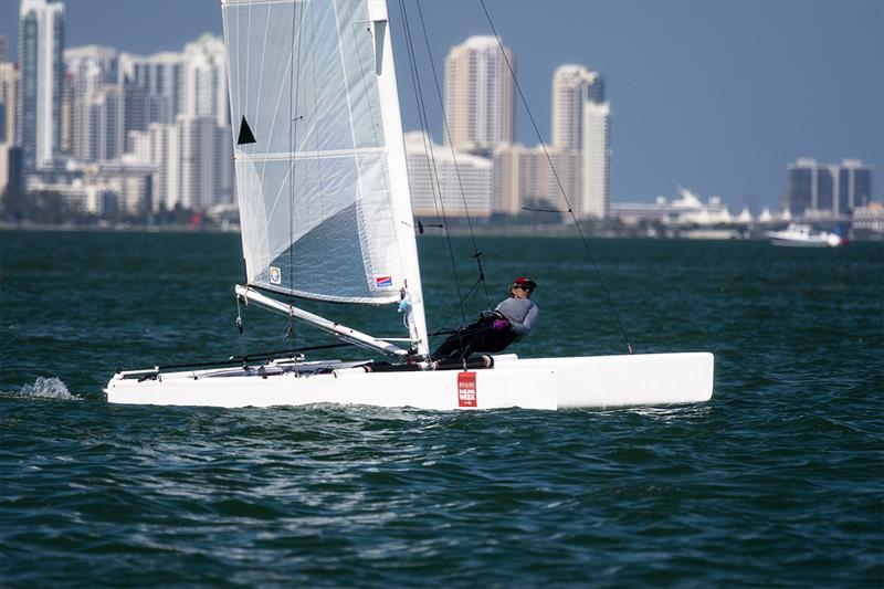 A Cat Class Usa 121,Marstrom, withCarla Schiefer, sailing in Bacardi Miami Sailing Week photo copyright Cory Silken / Miami Sailing Week taken at Coconut Grove Sailing Club and featuring the A Class Catamaran class