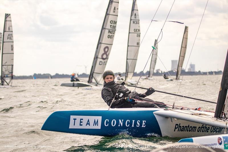 Teenage GRB sailor Oscar Lindley-Smith nailed the pin well in two races at his first A Cat regatta on day 2 of the A Class Catamaran European Championships in Warnemunde photo copyright Gordon Upton / www.guppypix.com taken at  and featuring the A Class Catamaran class