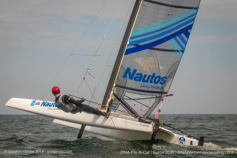 POL sailor Michal Kornesczcuk enjoying the breeze with racing cancelled on final day of the A Class Catamaran European Championships in Warnemunde photo copyright Gordon Upton / www.guppypix.com taken at  and featuring the A Class Catamaran class