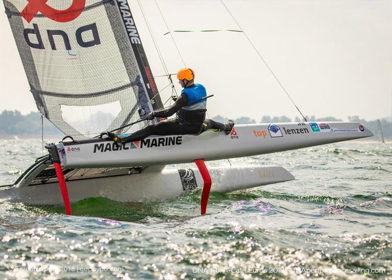 Mischa Heemskerk displays an unnatural ability when racing cancelled on final day of the A Class Catamaran European Championships in Warnemunde - photo © Gordon Upton / www.guppypix.com