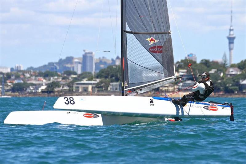 Glenn Ashby on his way to winning the 2014 World titles in the A-class Catamaran off Takapuna photo copyright Richard Gladwell taken at Takapuna Boating Club and featuring the A Class Catamaran class