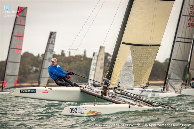 Struan Wallace - Int A-Cat Worlds - day 2 - Hervey Bay, Queensland - November 19, 2018 photo copyright Gordon Upton / www.guppypix.com taken at Hervey Bay Sailing Club and featuring the A Class Catamaran class