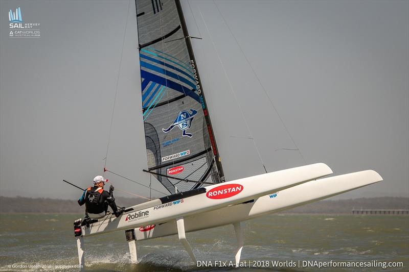 Glenn Ashby turns on some aerobatics Final day 2018 A Class Catamaran Worlds, Hervey Bay, Queensland photo copyright Gordon Upton / www.guppypix.com taken at Hervey Bay Sailing Club and featuring the A Class Catamaran class