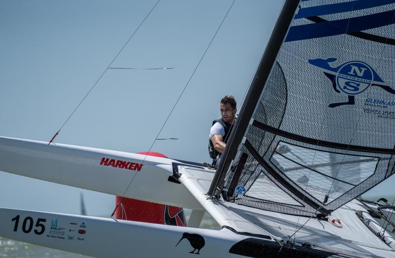 Emirates Team New Zealand's Blair Tuke competing in the A-Class Catamaran World Championships in Hervey Bay, Queensland, Australia photo copyright Josh McCormack taken at Hervey Bay Sailing Club and featuring the A Class Catamaran class