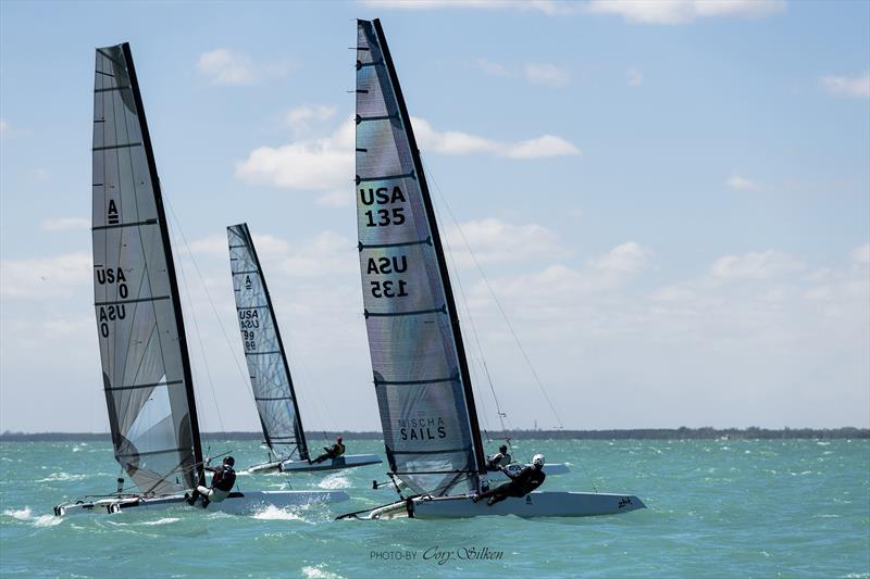 A Class Cats strut their stuff on the usually warm, flat waters of Biscayne Bay photo copyright Cory Silken taken at  and featuring the A Class Catamaran class