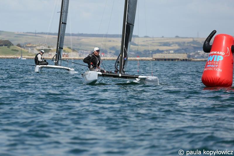 Olympic medallist and former A Class World Champion Scott Anderson closing in on the top mark - A Class Cat GBR National Championships at Weymouth - photo © Paula Kopylowicz Exploder
