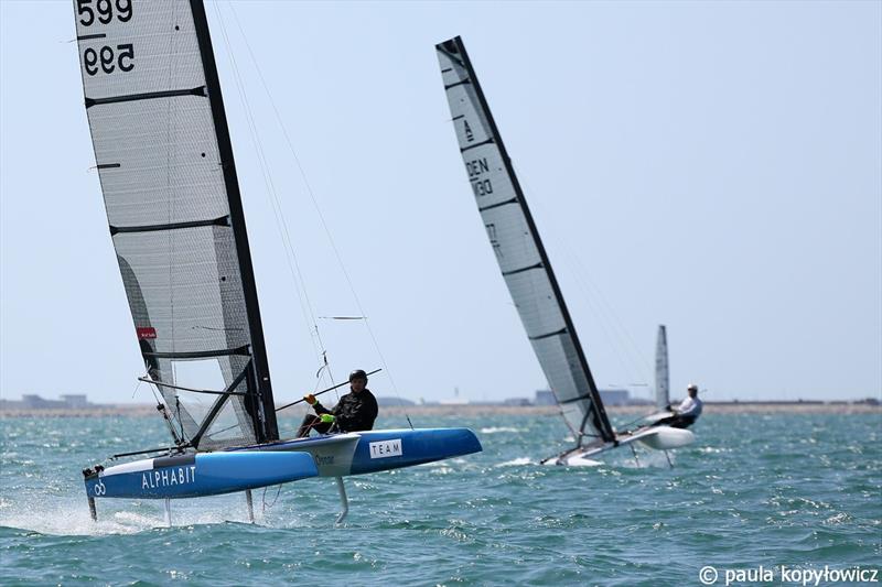 Oscar Lindley-Smith closes in on the bottom mark in the Open Division - A Class Cat GBR National Championships at Weymouth - photo © Paula Kopylowicz Exploder