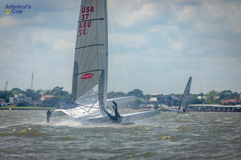 Michael Christensen's stylish crowd pleasing dismount at the A Cat Admiral's Cup 2022 - photo © Gordon Upton / www.guppypix.com