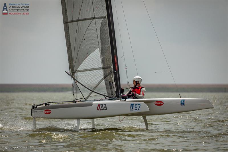 Darren Bundock AUS 888 checks he is secure at the finish - Day 1 of the Beacon Group A-Class Catamaran World Championships in Texas photo copyright Gordon Upton / www.guppypix.com taken at Houston Yacht Club and featuring the A Class Catamaran class