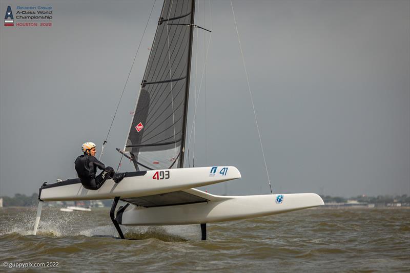 Ravi Parent USA 76 has it dialled in for a race win on day 2 of the Beacon Group A-Class Catamaran World Championships in Texas photo copyright Gordon Upton / www.guppypix.com taken at Houston Yacht Club and featuring the A Class Catamaran class