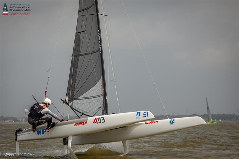 Stevie Brewin AUS 4, setting up for downhill before lighting the blue touchpaper on day 2 of the Beacon Group A-Class Catamaran World Championships in Texas photo copyright Gordon Upton / www.guppypix.com taken at Houston Yacht Club and featuring the A Class Catamaran class
