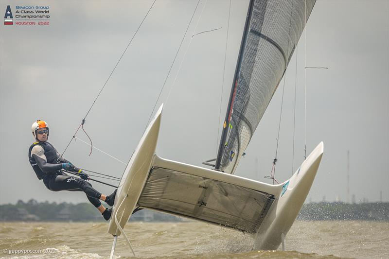 Spanish Olympian Iago Lopez Marra ESP 97 gets loose yet again on day 2 of the Beacon Group A-Class Catamaran World Championships in Texas photo copyright Gordon Upton / www.guppypix.com taken at Houston Yacht Club and featuring the A Class Catamaran class