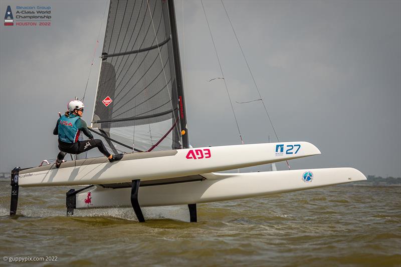 Cam Farrah shows the lads how it's done and is in the top 15 on day 2 of the Beacon Group A-Class Catamaran World Championships in Texas photo copyright Gordon Upton / www.guppypix.com taken at Houston Yacht Club and featuring the A Class Catamaran class