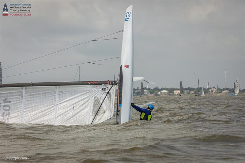 Dean Mayke USA 1023 parks his DNA in Houston Space Center launch style, and they are remarkably stable like this, on day 2 of the Beacon Group A-Class Catamaran World Championships in Texas photo copyright Gordon Upton / www.guppypix.com taken at Houston Yacht Club and featuring the A Class Catamaran class