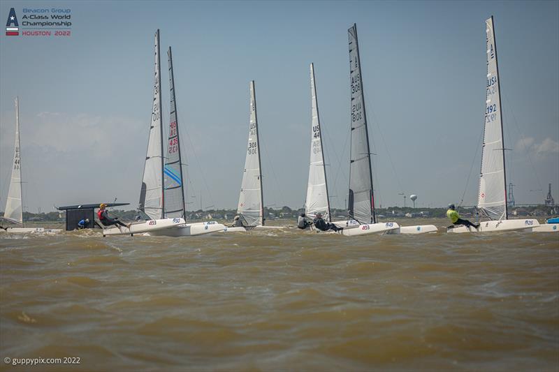 2nd race Classics get away - an interesting point is how few recalls there are in the fleet, as the time penalty is so severe, they are all understandably a little line-shy on day 2 of the Beacon Group A-Class Catamaran World Championships in Texas - photo © Gordon Upton / www.guppypix.com