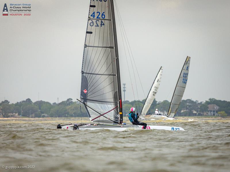 Cam Farrah, Rodeo Girl after a well caught near pitchpole on day 2 of the Beacon Group A-Class Catamaran World Championships in Texas photo copyright Gordon Upton / www.guppypix.com taken at Houston Yacht Club and featuring the A Class Catamaran class