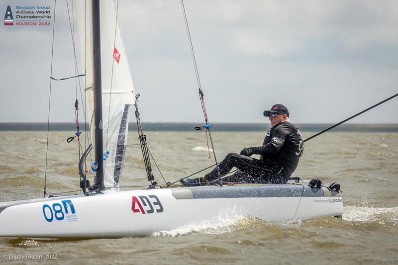 Ben Hall heading for the finish on day 3 of the Beacon Group A-Class Catamaran World Championships in Texas photo copyright Gordon Upton / www.guppypix.com taken at Houston Yacht Club and featuring the A Class Catamaran class