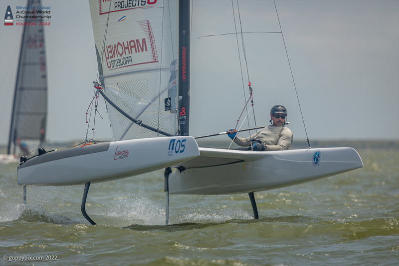 Bruce Mahoney on his way to a Worlds Race victory on the final day at the Beacon Group A-Class Catamaran World Championships in Texas photo copyright Gordon Upton / www.guppypix.com taken at Houston Yacht Club and featuring the A Class Catamaran class
