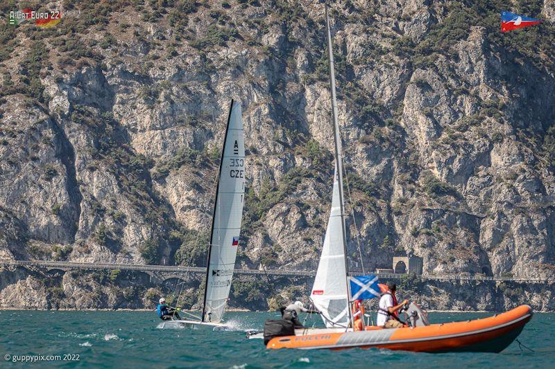 A few boats mistakenly sailed inside the replacement spreader mark on their first Open foiler race and received DNC for their efforts - A-Class European Championships day 4 - photo © Gordon Upton / www.guppypix.com
