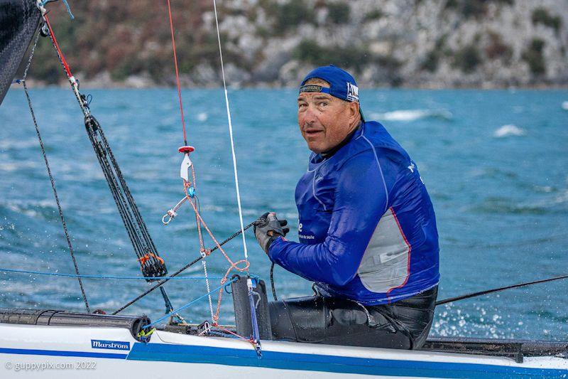 The 'Big Swede' Alberto Farnessi SWE 59, looks forward to the first Classic race - A-Class European Championships day 4 photo copyright Gordon Upton / www.guppypix.com taken at Circolo Vela Arco and featuring the A Class Catamaran class