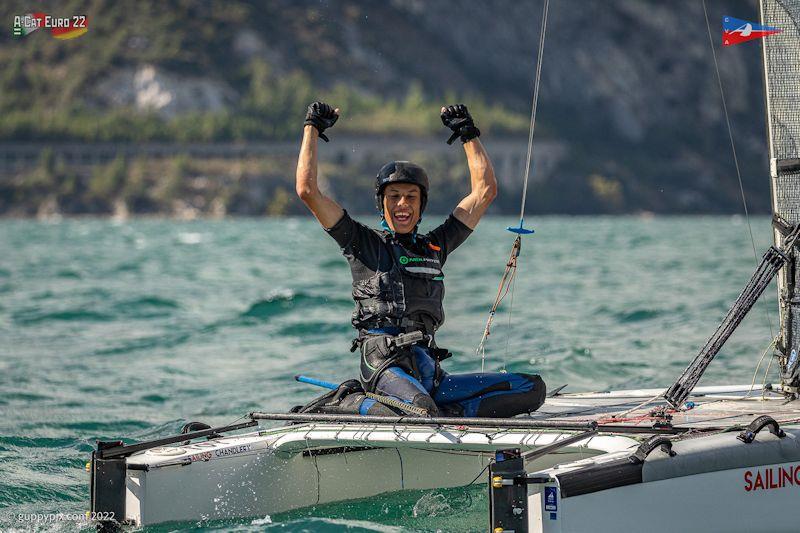 Julian Bosch GBR16 is highly delighted with his 28th place finish in his first major A-Cat regatta - A-Class European Championships day 4 - photo © Gordon Upton / www.guppypix.com