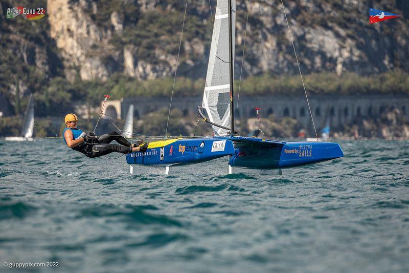 Mischa Heemskerk has it dialled in for upwind foiling - A-Class European Championships day 4 photo copyright Gordon Upton / www.guppypix.com taken at Circolo Vela Arco and featuring the A Class Catamaran class