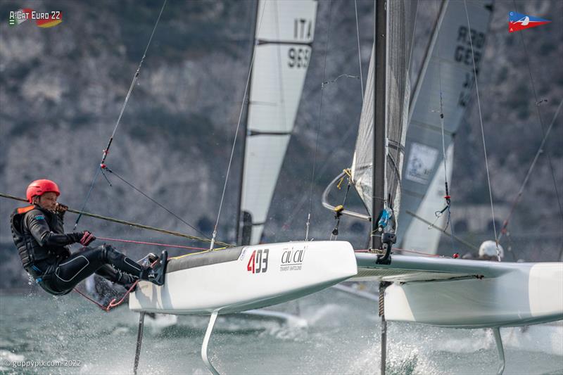 Matti Nieminen FIN 1 starts to get loose at the top mark at the A-Class European Championships photo copyright Gordon Upton / www.guppypix.com taken at Circolo Vela Arco and featuring the A Class Catamaran class