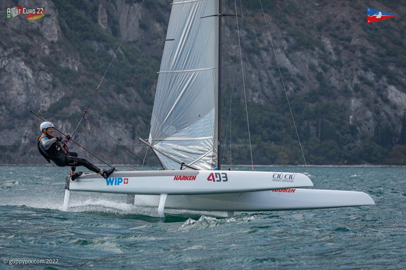 The Regatta Open Winner, Stevie Brewin AUS 4, at the A-Class European Championships photo copyright Gordon Upton / www.guppypix.com taken at Circolo Vela Arco and featuring the A Class Catamaran class