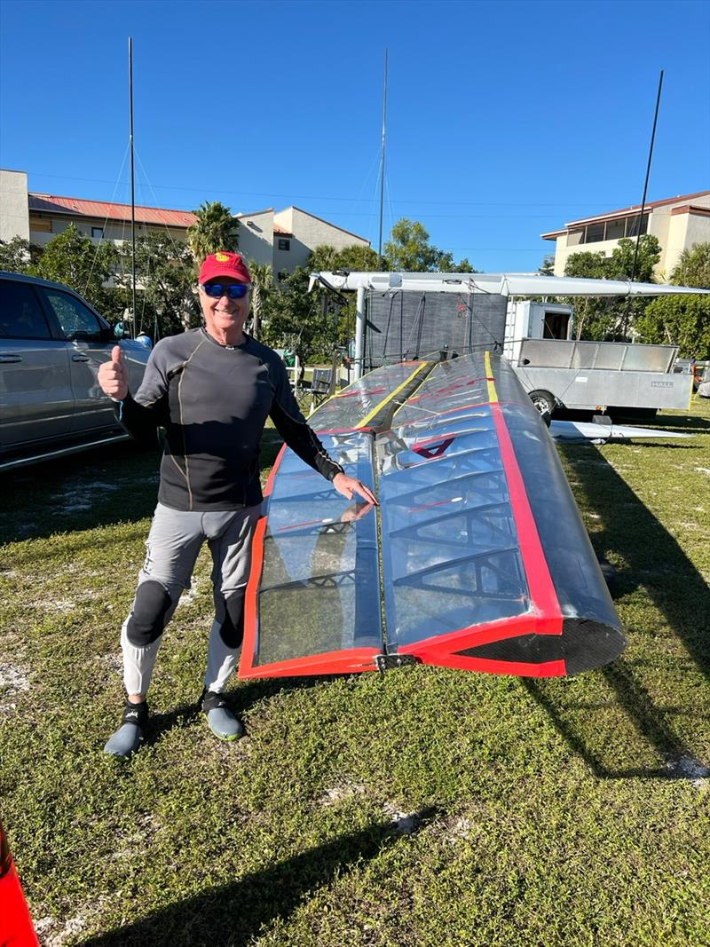 Ben Hall Happy with his Foil Wing at the 2023 A-Class Midwinters photo copyright Fran Venetucci taken at Upper Keys Sailing Club and featuring the A Class Catamaran class