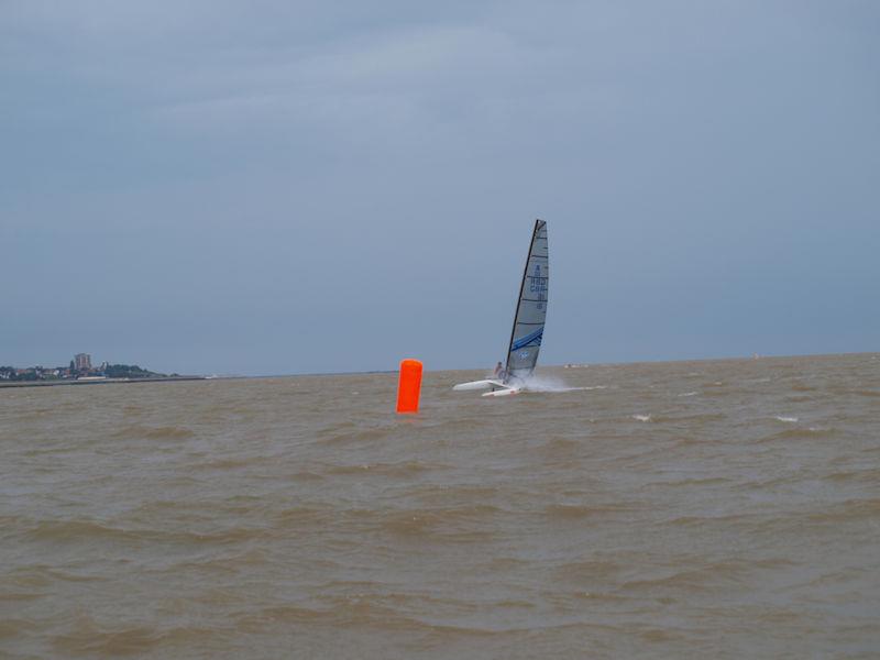 Julian Bosch has a moment during the A Class Cat Nationals at Clacton photo copyright Larry Foxon taken at Clacton-on-Sea Sailing Club and featuring the A Class Catamaran class