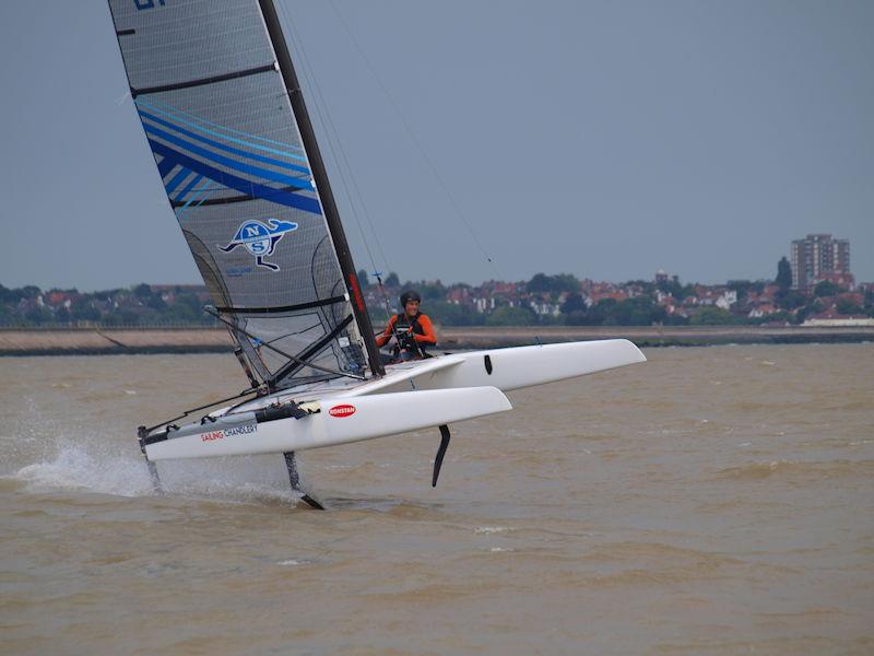 Julian Bosch during the A Class Cat Nationals at Clacton photo copyright Larry Foxon taken at Clacton-on-Sea Sailing Club and featuring the A Class Catamaran class