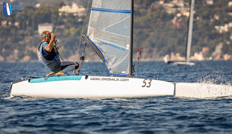 A-Cat Worlds at Toulon, France Day 1 - Emanuel Vaccari ITA 5, was the master in these conditions today, finishing with a bullet and a 2nd to leave him overnight leader in the Classic fleet photo copyright Gordon Upton / www.guppypix.com taken at Yacht Club de Toulon and featuring the A Class Catamaran class