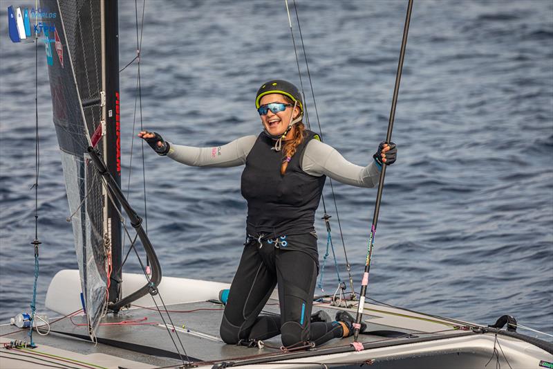 A-Cat Worlds at Toulon, France Day 3 - Cam Farrah delighted with her top ten finish yesterday - photo © Gordon Upton / www.guppypix.com
