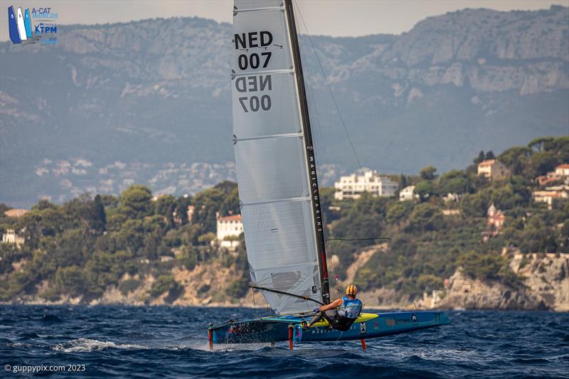 A-Cat Worlds at Toulon, France Day 5 - Mischa Heemskerk NED 7 blasts downwind fighting for another World title - photo © Gordon Upton / www.guppypix.com