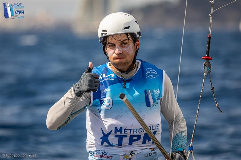 A-Cat Worlds at Toulon, France Day 5 - the 30 year old Kuba Surowiec POL 41 relieved to finish the day with a slim 2 point lead from Mischa in the Open foiling fleet - photo © Gordon Upton / www.guppypix.com