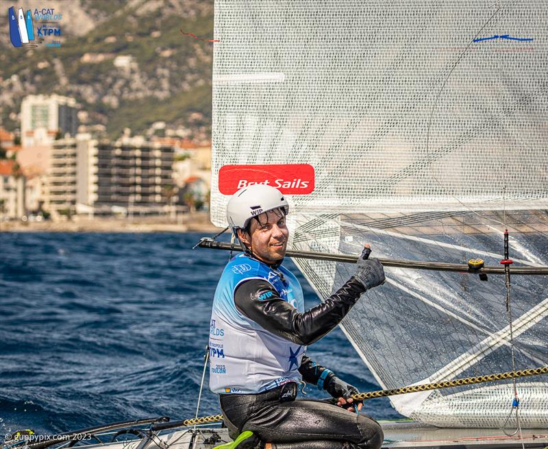 A-Cat Worlds at Toulon, France Day 6 - Exhaustion and relief - Kuba Surowiec POL become the 2023 Open Foiler A-Cat World Champion - photo © Gordon Upton / www.guppypix.com