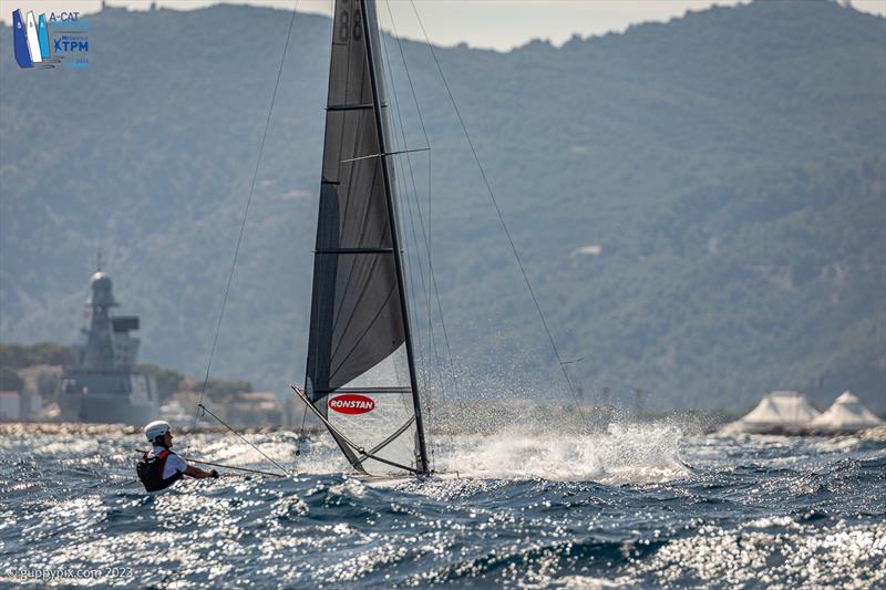 A-Cat Worlds at Toulon, France Day 6 - Bundy finished in his now traditional final race bullet position in full on conditions for the A-Cat photo copyright Gordon Upton / www.guppypix.com taken at Yacht Club de Toulon and featuring the A Class Catamaran class