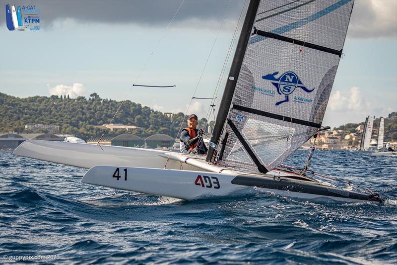 A-Cat Worlds at Toulon, France Day 6 - Gustave Doreste ESP was a worthy runner up in the Classic fleet photo copyright Gordon Upton / www.guppypix.com taken at Yacht Club de Toulon and featuring the A Class Catamaran class